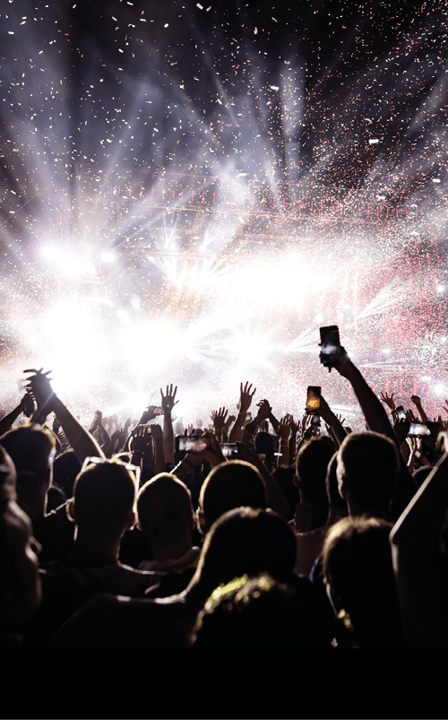 Excited audience watching confetti fireworks and having fun on music festival at night. Copy space. 